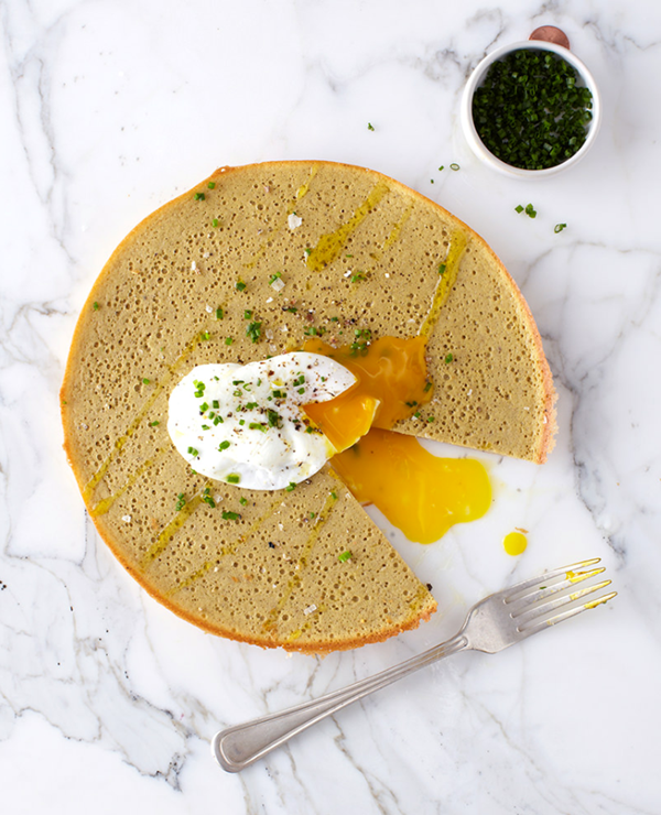 Plantain flatbread with poached egg and honey drizzle