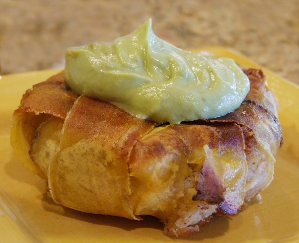 Plantain-wrapped crab cakes with avocado aioli
