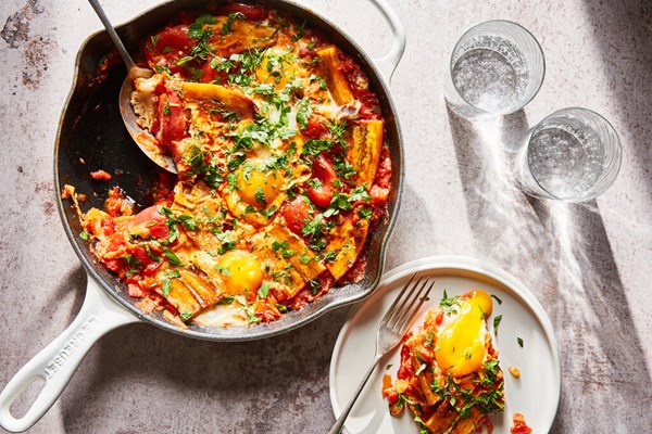 Plantains with jammy tomatoes and eggs [Yewande Komolafe]