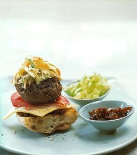 Ploughman’s burger with two cheeses, balsamic onion pickle and classic coleslaw