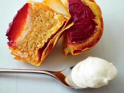Plum & almond frangipane tarts with a sticky Amaretto glaze