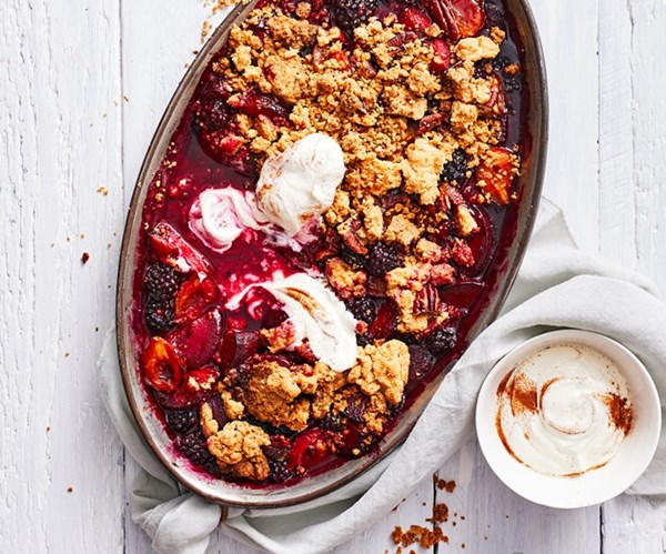 Plum & blackberry crumble with spiced yoghurt