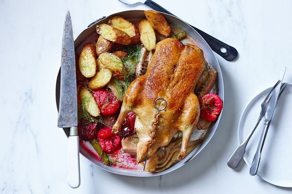 Plum & cider pot roast duck