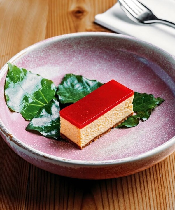 Plum & kawakawa cheesecake