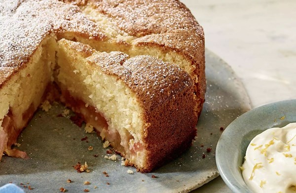 Plum & olive oil cake with lemon cream