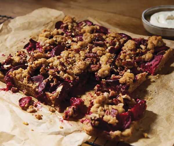 Plum & pecan crumble slice