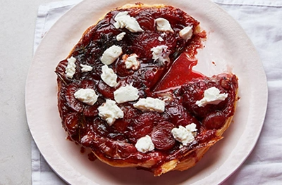 Plum & shallot tarte Tatin with goat's cheese