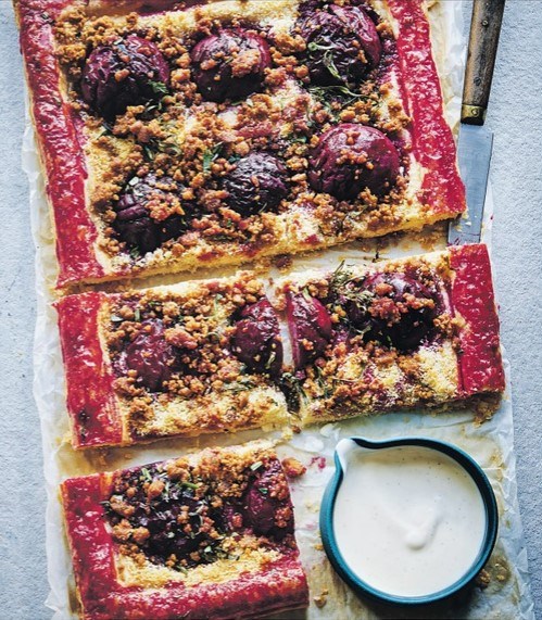 Plum & tarragon puff tart with a ginger nut crumble