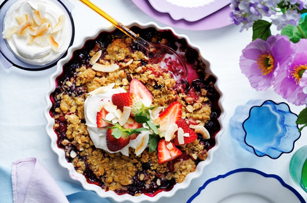 Plum and berry spiced granola crumble with labneh