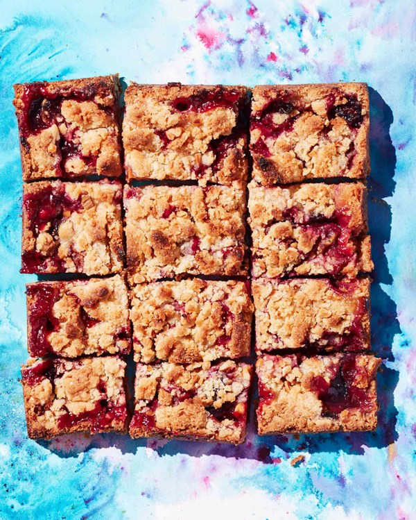Plum-and-blackberry cornmeal-almond crumb bars