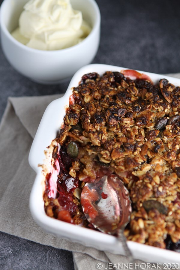 Plum and peach flapjack crumble
