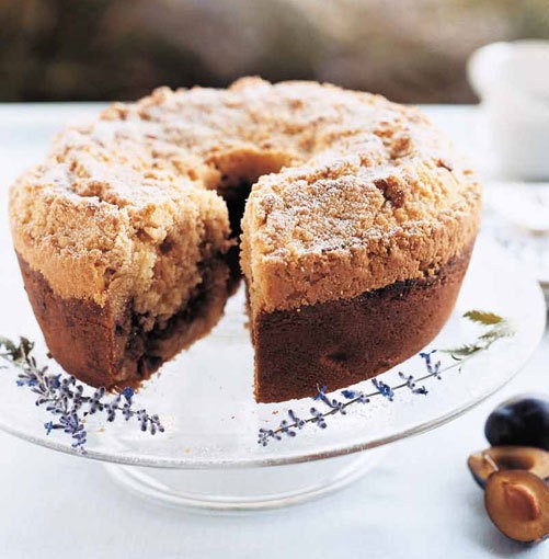 Plum and piñon streusel cake