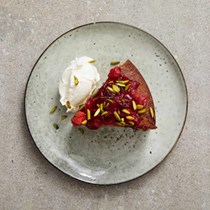 Plum and pistachio cake with rose water mascarpone