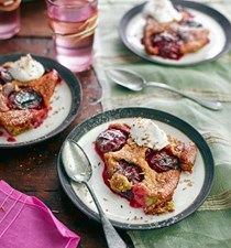 Plum and pistachio pudding with coconut and lime cream
