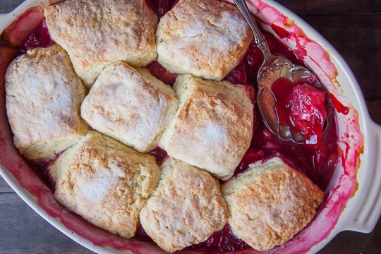 Plum and rhubarb cobbler