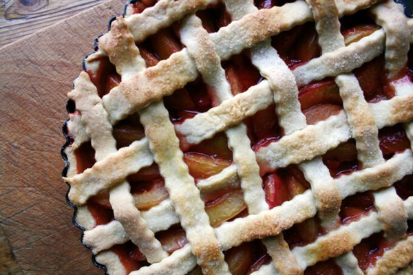 Plum and strawberry lattice tart