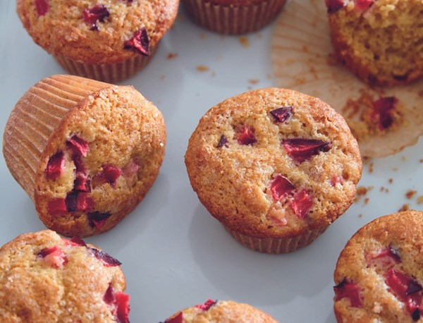 Plum, cardamom & cornmeal muffins