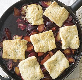 Plum cobbler with honey and lavender biscuits