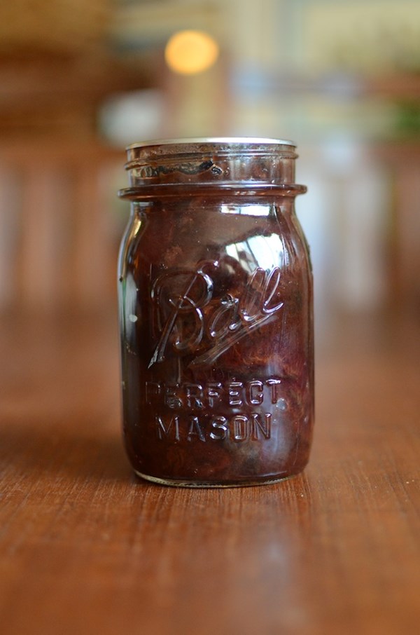 Plum conserve with golden raisins and toasted walnuts