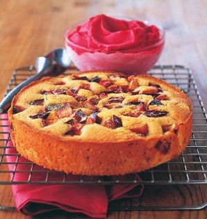 Plum-cornmeal cake with plum sorbet