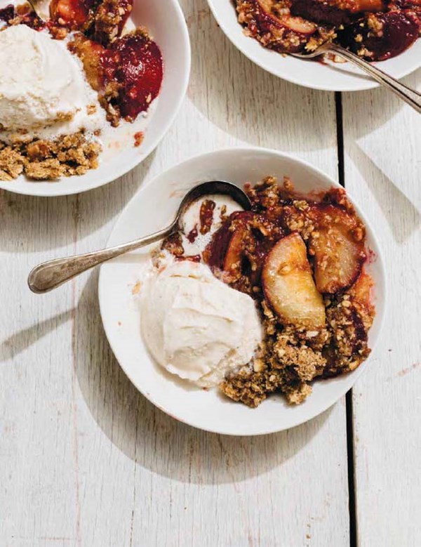 Plum crisp with brown sugar-pecan streusel