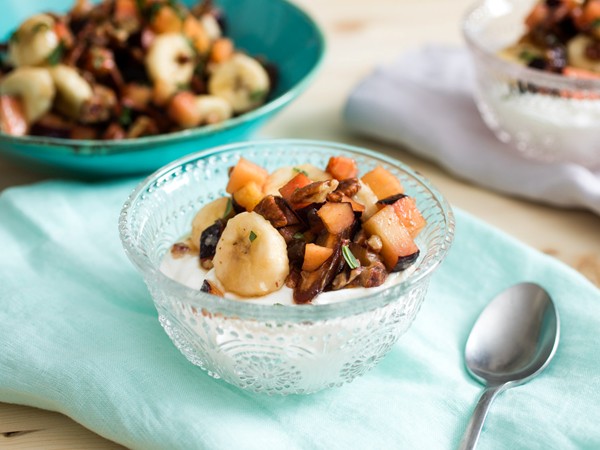 Plum, date, banana, and maple-bacon salad
