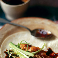 Plum sauce with duck pancakes 