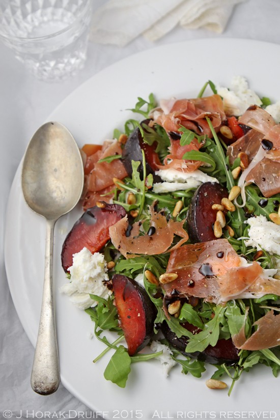 Plum, serrano ham and mozzarella salad