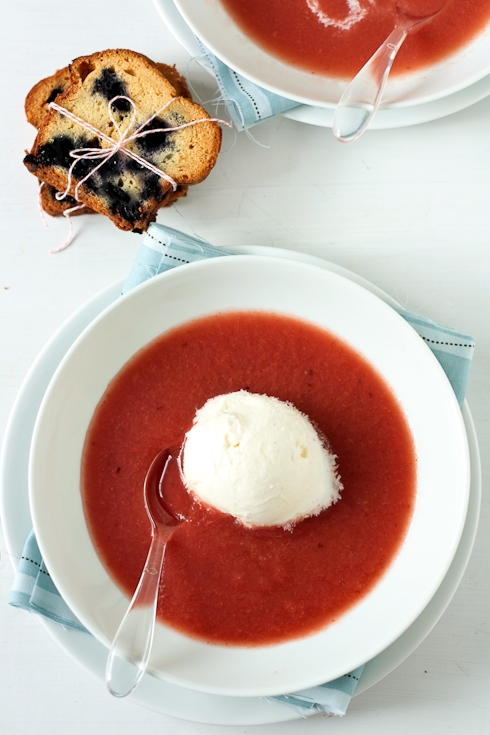 Plum watermelon soup with lemon balm ice cream and toasted blueberry pound cake