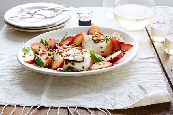 Plums with burrata and crunchy roasted lentils