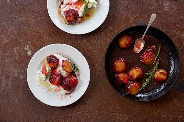 Plums with labneh, rosemary chilli and toast
