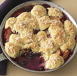 Pluot-blueberry cobbler with coconut dumplings