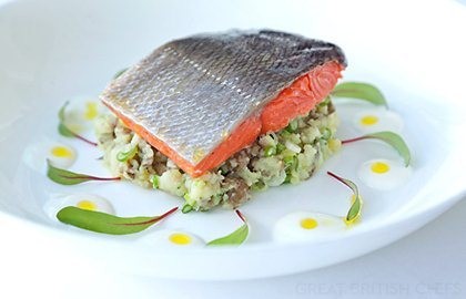Poached Alaska salmon with crushed horseradish Jersey Royal new potatoes