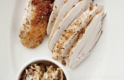 Poached and roasted chicken with almond and thyme crust and chargrilled cauliflower