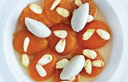 Poached apricots with honey ice cream and fresh almonds