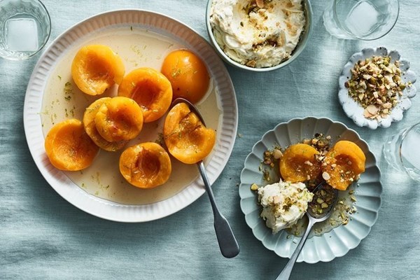 Poached apricots with pistachio & Amaretto mascarpone 