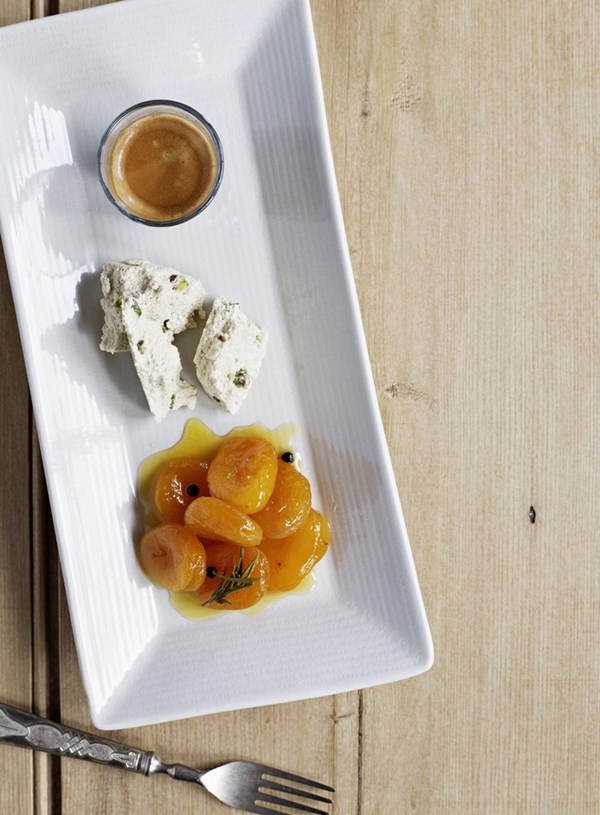 Poached apricots with rosemary and peppercorn syrup