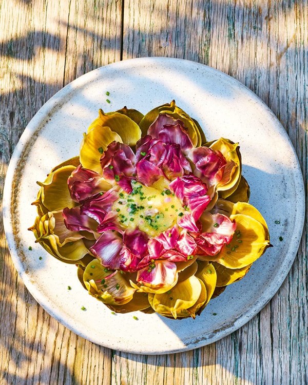 Poached artichokes with mustard vinaigrette 