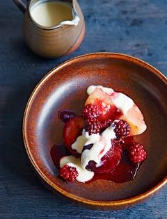Poached autumn fruit salad with elderflower custard