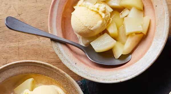 Poached autumn fruit with soda bread ice-cream