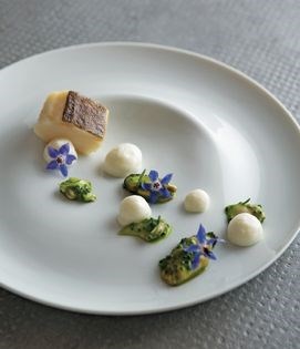 Poached bacalao with smoked potato mousse, mussels and pipis