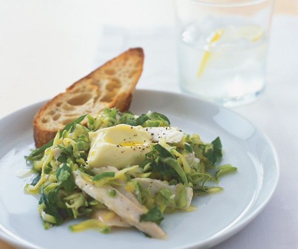 Poached blue-eye with white zucchini, basil, chilli and mint salad