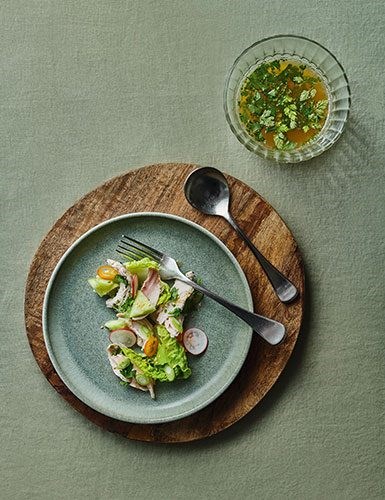 Poached Bostock Brothers chicken salad with fine herb broth