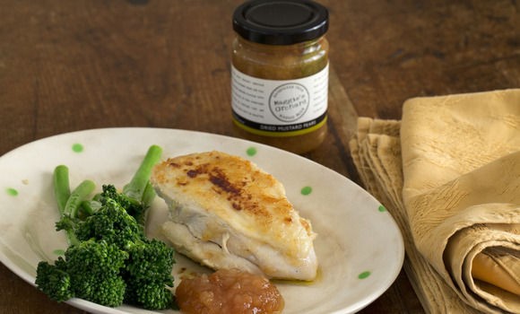 Poached buttermilk chicken breast with broccolini & dried mustard pears