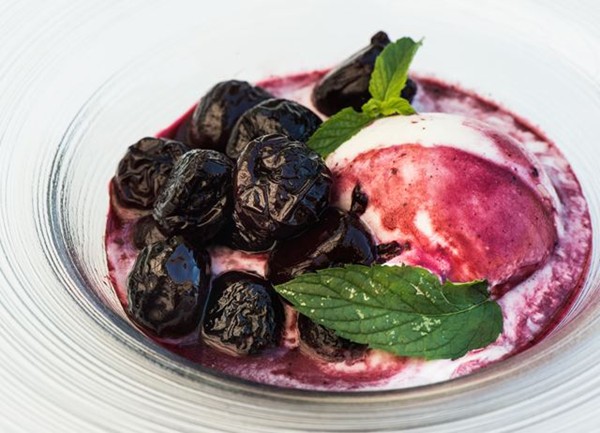 Poached cherries in spiced red wine syrup