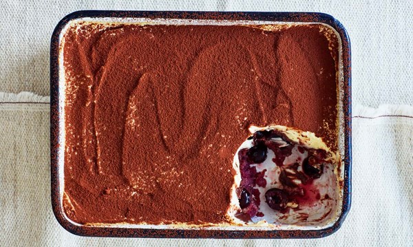Poached cherry and chocolate tiramisu
