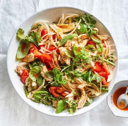 Poached chicken & arugula salad with tomatoes & chili crisp