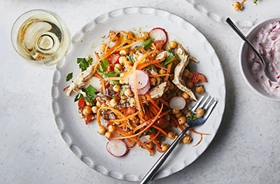 Poached chicken & chickpea salad with radish tzatziki