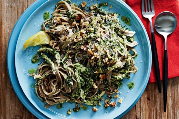 Poached chicken & spelt fettucine with kale pesto