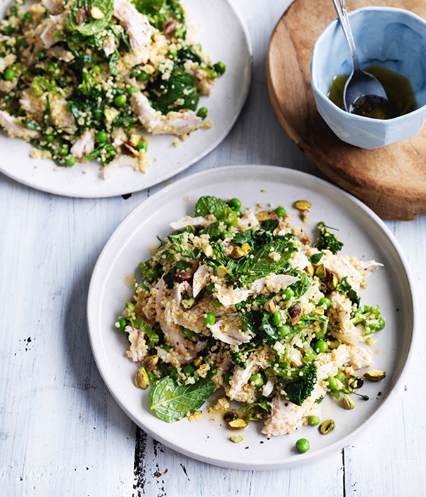 Poached chicken and millet salad with peas and mint